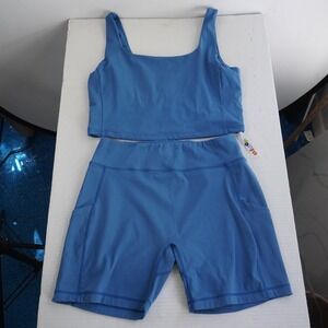 ALDER Yoga Active Crop Top &‎ Biker Shorts Set XL Blue Athletic Two Piece Outfit